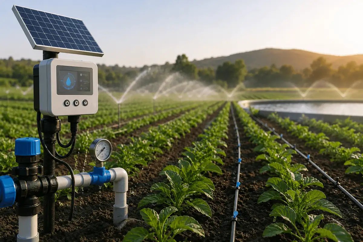 Smart solar-powered irrigation controller managing drip irrigation in a cultivated field, demonstrating intelligent water optimization and precision farming.
